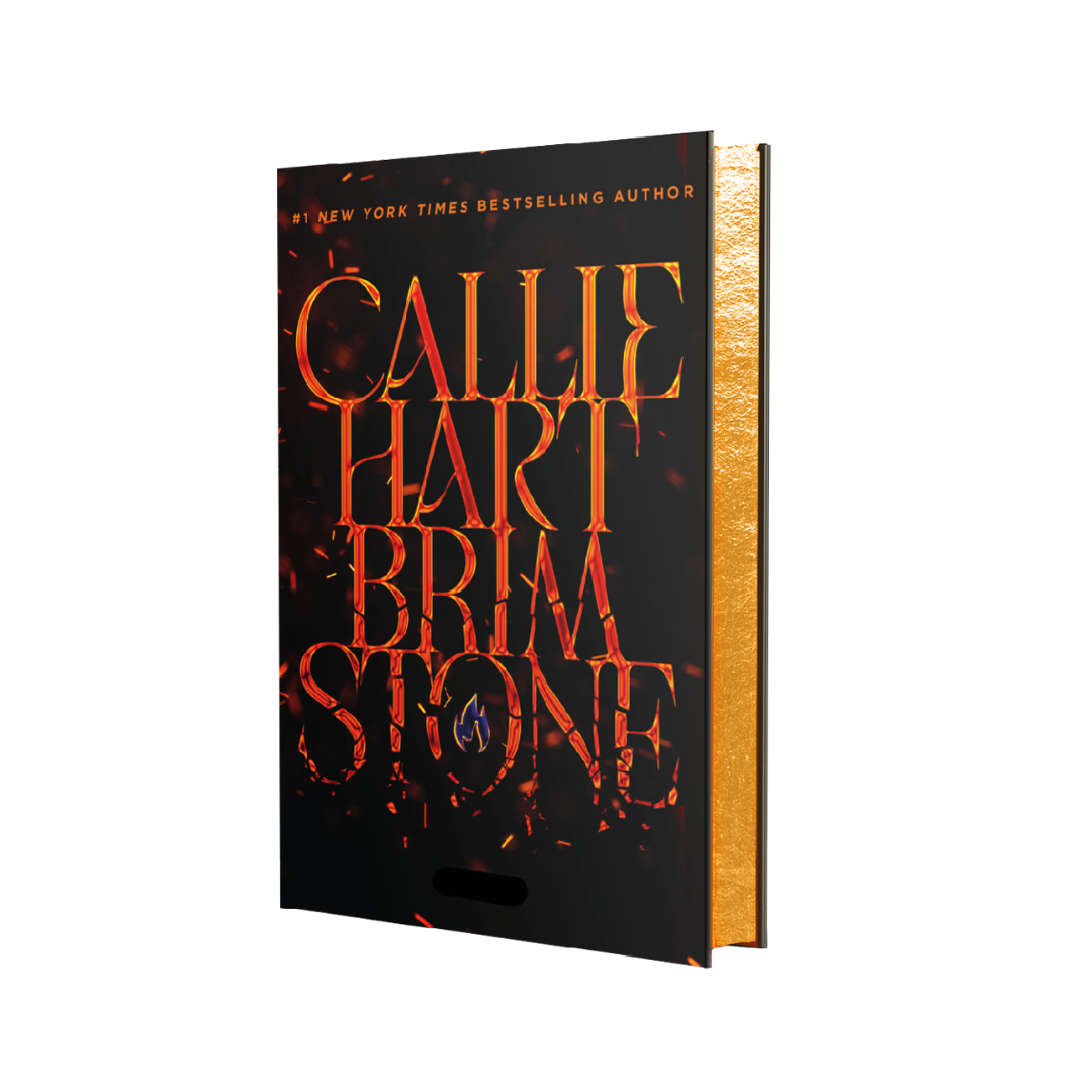 Brimstone jacket is black with title and author in Orange/yellow writing that looks like it's on fire with gold gilded edges